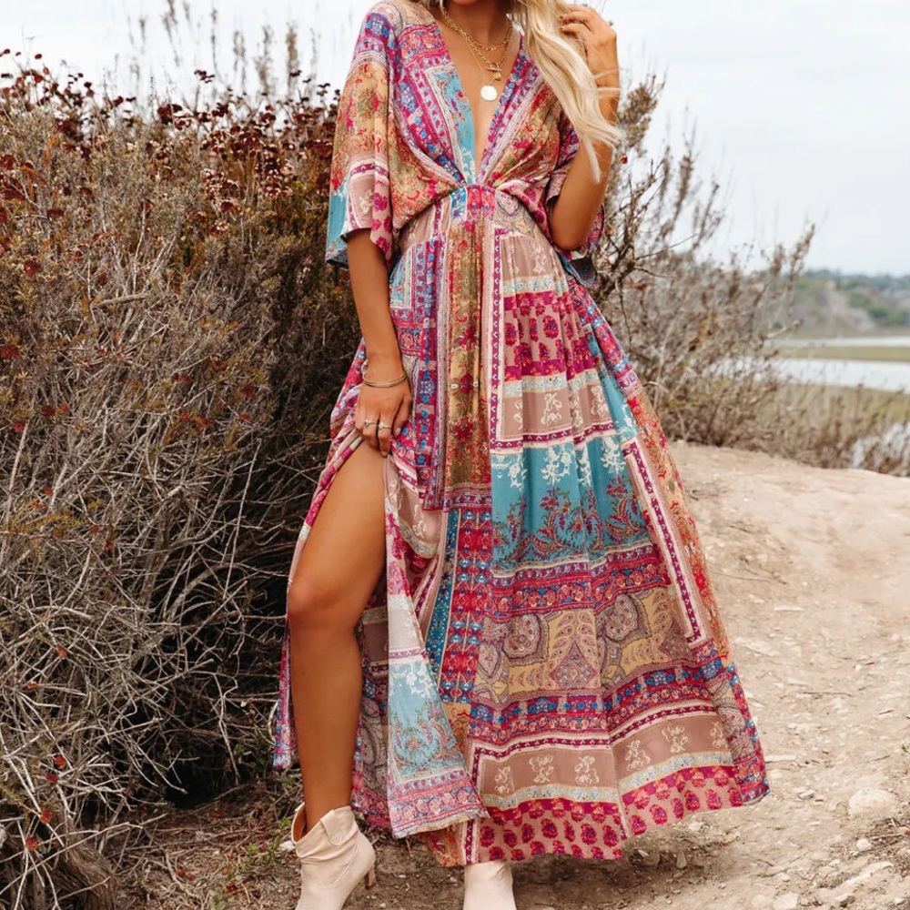 VICI ENTICING PATCHWORK KIMONO MAXI DRESS